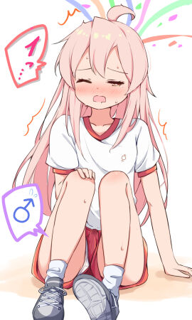 ^^^ bare_arms bare_legs blush bulge erection erection_under_clothes female full_body futanari gym_shirt gym_uniform hand_on_own_knee highres intersex kazura mars_symbol nervous_sweating nose_blush onii-chan_wa_oshimai! open_mouth oyama_mahiro panties pantyshot precum precum_through_clothes red_shorts shirt shoes short_sleeves shorts sitting socks solo spoken_mars_symbol surprised sweat underwear upshorts white_panties white_shirt