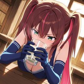 ai_generated black_hair blush brown_hair bustybunz choker cleavage cum cum_in_container cum_on_fingers cumplay cumstring disgust drinking_cum eating_cum elbow_gloves gokkun huge_breasts looking_at_viewer nervous pink_hair pov red_eyes semen smell sniffing steam tagme thick_cum twintails video