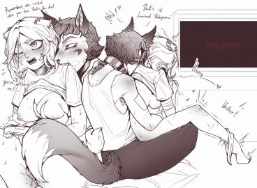 bondage boyfriend_to_death breasts breasts_out bruises cat_ears cat_girl cat_tail collar female foreplay fox_boy fox_ears fox_tail male meinkatzchen mist_(meinkatzchen) neko original_character ren_hana shy sweatdrop you_kill_me_every_time