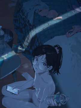 1girls absurdres after_sex bed black_hair bottle bra breasts cellphone condom condom_wrapper dildo female female_pubic_hair glasses highres implied_after_sex jimiko original panties phone ponytail pubic_hair pussy pussy_juice_stain sex_toy small_breasts smartphone sunny_bitch sweat underwear unworn_panties water_bottle