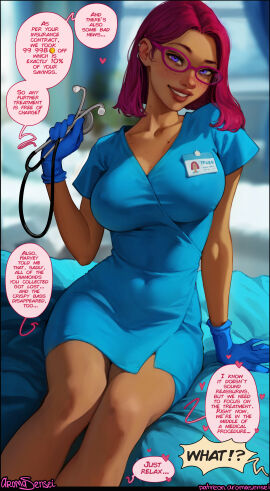 aroma_sensei blush breasts dark-skinned_female dark_skin dialogue female freckles gloves id_card latex_gloves maru_(stardew_valley) medium_breasts medium_hair miniskirt nurse nurse_uniform on_bed patreon_username purple_eyes sitting_on_bed stardew_valley stethoscope thick_lips