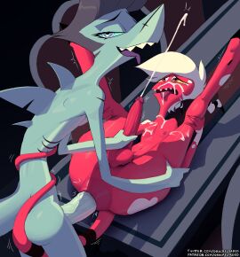 grip anal anal_lips anal_sex anal_tugging anthro anthro_on_anthro anthro_only biped bodily_fluids chaz_(helluva_boss) cum cum_while_penetrated derian_(shiftyjack95) dracreloaded duo ejaculation erection femboy fin fish gay gay_sex genitals grey_body hair helluva_boss hi_res humanoid hungry_anus imp male male/male marine orgasm orgasm_from_anal penetration penile penile_penetration penis red_body sex shark tail_around_partner white_hair