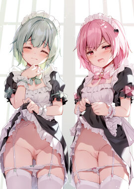 2girls absurdres alternate_costume apron black_dress bow bowtie breasts censored cleavage closed_eyes closed_mouth clothes_lift cowboy_shot dress dress_lift enmaided facing_viewer female garter_belt green_bow green_bowtie green_hair hair_ornament heart heart_hair_ornament highres koishi_komeiji komeiji_koishi komeiji_satori maid maid_apron maid_headdress miyase_mahiro mosaic_censoring multiple_females multiple_girls navel open_mouth panties panty_pull pink_bow pink_bowtie pink_eyes pink_hair puffy_short_sleeves puffy_sleeves pussy satori_komeiji short_hair short_sleeves siblings sisters sleeve_bow small_breasts thighhighs touhou underwear white_apron white_thighhighs wrist_cuffs