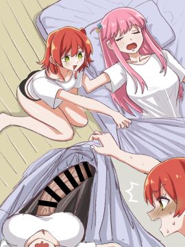 1futa 1girls big_breasts big_penis blush bocchi_the_cock bocchi_the_rock! bottomless breasts censor_bar censored clothed clothing cock_shock duo erection female futanari gotou_hitori huge_breasts huge_cock huge_penis human intersex jyung kita_ikuyo large_breasts light-skinned_female light-skinned_futa light_skin long_hair long_penis lying monster_cock panties partially_clothed penis penis_awe pink_hair red_hair shirt sleeping surprised surprised_expression sweat sweatdrop under_covers veiny_penis