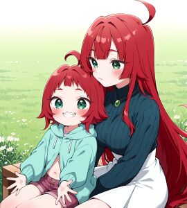 2girls aged_down ai_generated best_friends best_girl confusion female grandmother grandmother_and_granddaughter high_school_student hoyoai kimi_no_koto_ga_dai_dai_dai_dai_daisuki_na_100-nin_no_kanojo red_hair yakuzen_kusuri yakuzen_yaku yuri