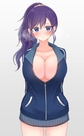1girls asahina_mafuyu blue_eyes blush breasts chiaki_himanagi cleavage female jacket jacket_only large_breasts looking_at_viewer no_bra no_bra_under_clothes ponytail project_sekai purple_hair solo solo_female solo_focus sweat wet