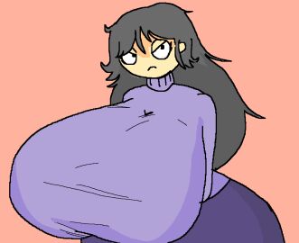 angry angry_face big_breasts black_hair black_pants breasts female female_only huge_breasts long_hair original_character purple_sweater