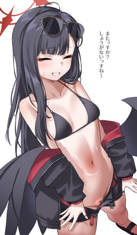 ^_^ bikini black_bikini black_hair black_jacket black_pubic_hair black_shorts black_wings blue_archive blush breasts closed_eyes commentary_request eyewear_on_head female female_pubic_hair halo highres ichika_(blue_archive) ichika_(swimsuit)_(blue_archive) jacket kumamiya medium_breasts navel official_alternate_costume pubic_hair red_halo shorts simple_background smile solo standing sunglasses swimsuit translation_request white_background wings