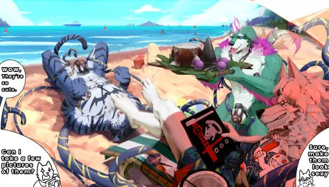 absurd_res anthro beach beach_chair beard bent_legs blue_body blue_fur bondage bottomwear canid canine canis chastity_cage chastity_cage_only chastity_device chastity_device_only clothed clothed/nude clothing devilish_grin dialogue dragonsmint eye_scar facial_hair facial_scar feet felid foot_fetish foot_lick foot_on_face foot_play fur gay gay_male green_body green_fur grin group hair hi_res kerner04380771 kneeling licking lying male male/male mammal nipple_fetish nipple_play nude on_back pantherine paw_pose petplay pose roleplay sand scar seaside shorts sitting slave smile submissive submissive_male tattoo tentacle tiger tongue trio white_beard white_body white_facial_hair white_hair wolf yaoi yellow_eyes
