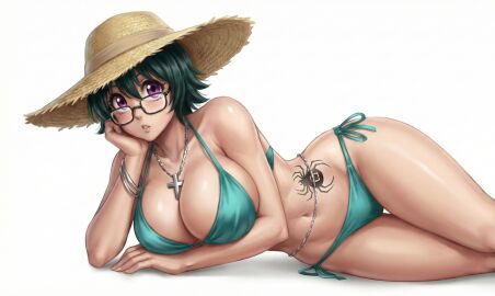 1girls big_ass big_breasts bikini glasses green-haired_female green_hair hat hunter_x_hunter reloking shizuku_murasaki solo solo_female swimsuit