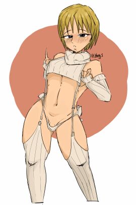 1boy 1femboy armwear blonde_hair blush blushing_male clothes_lift clothes_pull embarrassed_nude_femboy femboy hunter_x_hunter jeteggs kurapika looking_at_viewer male meme_attire panties penis pinky_out small_penis solo solo_femboy solo_focus solo_male thick thick_thighs thighhighs twink