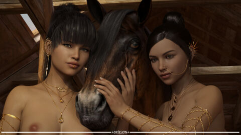 1animal 1boy 2girls 3d barn breasts cg completely_nude curvy curvy_body curvy_female curvy_hips curvy_thighs dark-skinned_female dark_skin daz_studio driigon egyptian egyptian_female exposed_breasts eye_contact female green_eyes horse human interspecies jewelry long-haired_female long_hair looking_at_viewer male muscular muscular_female naked nipples nose_piercing nude nude_female oiled_skin piercing piercings princess sisters tattoo teasing teenager zoophilia