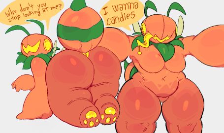 antennae_(anatomy) anthro anus arthropod ass bee belly big_ass big_butt breasts female for_a_head hanaarts hymenopteran insects leaf nude object_head open_mouth orange_body paws pumpkin_head simple_background smile solo tail text tongue yellow_tongue