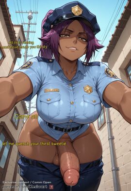 1futa 1girls ai_generated alley arrogant_expression bleach dark dark-skinned_female dark_skin disdain erection female from_below futa_only futanari genitals holding_handcuffs huge_ass huge_balls huge_breasts huge_cock kesiwart large_ass large_breasts large_penis larger_female long_hair looking_at_viewer outdoors pants_down penis police_hat police_officer police_uniform ponytail pov pov_eye_contact precum precum_drip purple_hair shihouin_yoruichi smirk smug solo standing street