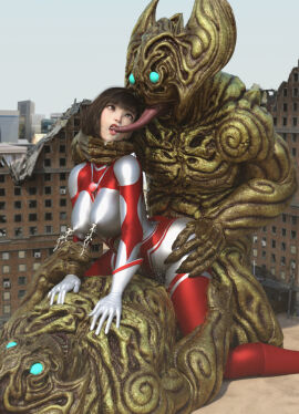1girls 2boys 3d alien alien_girl alien_humanoid breasts building building_destruction building_sex city female female_penetrated heroine human losing losing_fight male tight_clothing ultraman_(franchise) ultrawoman ultrawoman_katia
