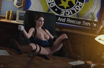 1girls 3d big_breasts blender breasts brown_hair capcom female female_only gun jill_valentine jill_valentine_(sasha_zotova) light-skinned_female light_skin looking_at_viewer missally nipples pussy resident_evil resident_evil_3 resident_evil_3_remake short_hair sitting solo solo_female