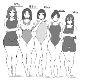 5girls artist_request big_breasts black_and_white breasts chart clothed clothed_female competition_swimsuit female height_chart height_comparison height_difference hourglass_figure lineup looking_at_viewer monochrome multiple_females multiple_girls one-piece_swimsuit size_chart size_comparison swimsuit thigh_gap