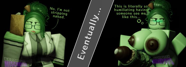 1futa 3d black_eyes black_tie blush brown_nipples clothed dark_green_hair dark_tip delightfullymischievous dialogue dialogues dirty_penis embarrassed embarrassed_female embarrassed_nude_female embarrassed_nude_futa english_text female food food_creature food_humanoid futa_only futanari glasses green_blush green_skin hair_bun holding_clipboard intersex labcoat lashes massive_penis pear pear_(dmischievous) penis pre-cum precum roblox robloxian scientist self_upload smegma text tie watermark