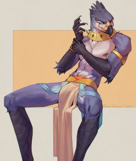 anthro athletic athletic_anthro athletic_male avian beak bird blue_body blue_fur bottomwear bulge clothing digital_drawing_(artwork) digital_media_(artwork) falcon falconid fur hi_res loincloth male male_only nipple_piercing nipples piercing ring runasolaris sitting solo