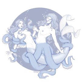 2girls absurdres air_bubble artist_name blue_circle bondage border bound breasts bubble circle cleavage closed_eyes commentary completely_nude consensual_tentacles english_commentary female fins fish_tail grabbing_another's_breast groping highres holding_another's_arm holding_another's_tail holding_hands light_blush long_hair looking_at_another medium_breasts merfolk mermaid monochrome monster_girl multiple_females multiple_girls nipples nude open_mouth original parted_lips scales scylla sex sideboob simple_background stomach suction_cups swimming tail tchenart teeth tentacle tribadism underwater upper_teeth white_border yuri