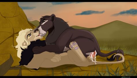 bodily_fluids cum duo felid female female_on_top feral genital_fluids genitals kissing lion lying male male/female mammal on_back on_top outside pantherine pawpads penile_spines penis side_view stm2126