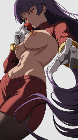 absurdres blunt_bangs bodystocking bodysuit bodysuit_under_clothes breasts cropped_jacket female from_below gloves highres hime_cut holding holding_poke_ball jacket large_breasts long_hair long_sleeves looking_at_viewer medium_breasts miniskirt nipples pencil_skirt poke_ball poke_ball_(basic) pokemon pokemon_frlg purple_hair red_eyes red_jacket red_skirt sabrina_(pokemon) serious side_slit skirt solo straight_hair turtleneck turtleneck_jacket vivivoovoo white_background white_gloves