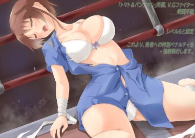 1girls big_breasts bra breasts brown_hair cleavage closed_eyes dai_fuku defeated dress female female_only knocked_out open_mouth panties request ryona short_hair sitting solo torn_clothes translation_request unconscious variable_geo wariza white_bra white_panties wrestling_ring yajima_satomi