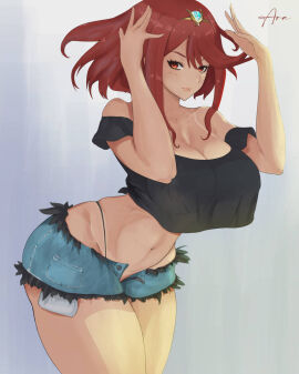 1girls araneesama big_breasts black_crop_top black_panties breasts crop_top denim_shorts female highleg highleg_panties large_breasts looking_at_viewer midriff navel nintendo panties pyra red_eyes red_hair short_hair short_shorts shorts tiara unbuttoned_shorts xenoblade_(series) xenoblade_chronicles_2