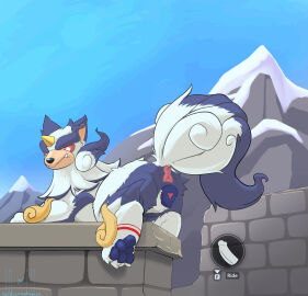 anatomically_correct anatomically_correct_genitalia anatomically_correct_pussy annoyed anus ass black_nose blue_body blue_fur blue_pussy blue_sky brick_wall ediblecrustables female feral fur fur_markings gameplay_mechanics genitals hi_res horn humanoid_genitalia humanoid_penis looking_at_viewer male markings mountain overbite_fang pawpads penis presenting presenting_anus presenting_hindquarters presenting_pussy pussy red_eyes sky snout solo wall_(structure) white_body white_fur yakumo_(palworld)