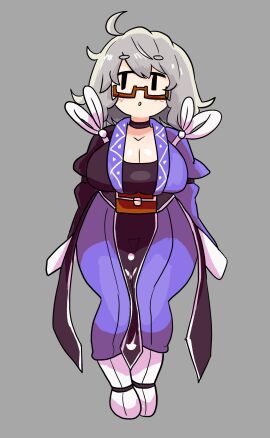 1girls big_breasts breasts cleavage clothed_female female genderswap genderswap_(mtf) glasses grey_background grey_hair kimono light-skinned_female light_skin mature_female mob_face notnoe_(dxcl) rinnosuke_morichika rule_63 silver_hair solo solo_female thick_thighs thighs touhou