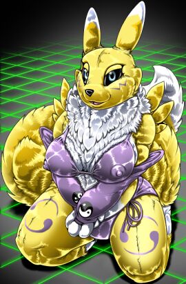 anthro bandai_namco bikini bikini_top black_sclera blue_eyes canid canine clothing cyberspace digimon digimon_(species) digital_space dipstick_ears dipstick_tail ear_markings female fluffy fluffy_tail fox fur kitsune_youkai long_tail mammal markings multicolored_ears multicolored_tail neck_tuft nipple_outline renamon smile solo swimwear tail tail_markings tuft wide_hips yellow_body yellow_fur