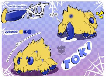 anus arachnid arthropod ass blue_eyes blue_penis bodily_fluids cum cumshot digital_media_(artwork) ejaculation english_text erection feral fur generation_5_pokemon genital_fluids genitals hi_res joltik male model_sheet nintendo nude penis pokemon pokemon_(species) simple_background solo spider sticky text toki_(woofington_gator) woofington_gator yellow_body yellow_fur