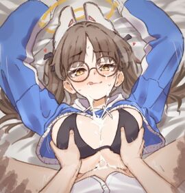 1boy :q arms_up bikini black_bikini blue_archive blue_hoodie boy_on_top breasts brown_hair commentary_request cropped_hoodie cum cum_on_body cum_on_breasts cum_on_eyewear facial female glasses halo highres hood hoodie large_breasts lying moe_(blue_archive) moe_(swimsuit)_(blue_archive) on_back paizuri penis straddling_paizuri straight swimsuit tongue tongue_out twintails uber_(29131626) yellow_eyes