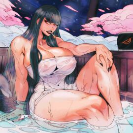 1girls bangs bare_arms bare_legs bare_shoulders bare_thighs big_breasts black_hair breasts character_request cigarette clothed clothing color female female_focus female_only hi_res hot_spring large_breasts light-skinned_female light_skin long_hair looking_at_viewer master_dcj nipples_visible_through_clothing red_eyes smoking smoking_cigarette solo solo_female tagme thick_thighs water wet