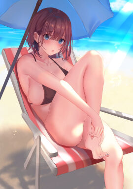 1girls absurd_res absurdres adult armpits ass bare_armpits bare_ass bare_belly bare_butt bare_calves bare_chest bare_hands bare_hips bare_knees bare_legs bare_midriff bare_shoulders bare_soles bare_thighs bare_torso barefoot beach beach_chair belly bikini bikini_only bikini_top black_bikini black_bikini_only black_bikini_top black_string_bikini black_swimsuit black_swimwear blue-eyed_female blue_eyes blue_sky blush blushing_female breasts brown-haired_female brown_hair clouds coast collarbone day daytime dot_nose elbows eyebrows_visible_through_hair feet female female_focus female_only fingers full_body half_naked high_resolution highres inushima knee_up knees large_breasts leg_up legs light-skinned_female light_skin lips looking_at_viewer naked naked_female nude nude_female ocean original original_art original_artwork original_character outdoors outside parasol parted_lips sand sea seaside short_hair shoulders sideboob sitting sky solo string_bikini swimsuit swimwear thick_thighs thighs toes