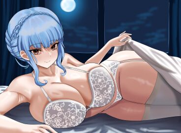 1girl 1girls armpits ass bangs bare_arms bare_shoulders bed_sheet bedroom big_ass big_breasts blue_hair bra braid breast_press breasts brown_eyes cleavage collarbone commission crown_braid eyebrows_visible_through_hair fire_emblem fire_emblem:_three_houses full_moon gudakoguda huge_breasts lingerie looking_at_viewer lying marianne_von_edmund moon night night_sky nintendo on_side panties presenting skindentation sky smile solo thick_thighs thighhighs thighs underwear white_bra white_panties white_thighhighs