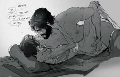 ambiguous_penetration arcane arcane_jayce arcane_survivor_jayce arcane_viktor ass beard body_hair caring checking_on_partner digital_drawing_(artwork) disability eyes_closed facial_hair gay greyscale hand_on_ass hand_on_butt i_love_you jayce_talis keemznsfw league_of_legends looking_at_partner male male/male male_only tagme viktor_(league_of_legends) wholesome