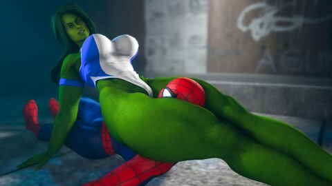 1boy 1girls 3d big_breasts blueaurora3 blueaurorasfm breasts curvaceous curvy curvy_figure female female/male femdom green-skinned_female green_body green_eyes green_hair green_skin headscissor hero heroine highleg_leotard hips hourglass_figure huge_breasts hulk_(series) large_breasts leotard long_hair male male/female marvel marvel_comics muscular muscular_female muscular_thighs she-hulk spider-man spider-man_(series) straight superhero superheroine thick_thighs thighs