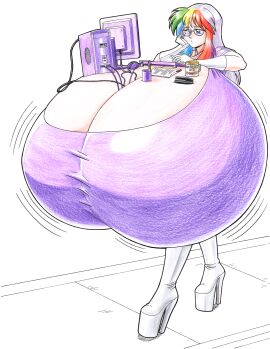 1girls boob_shelf boots bored_expression breasts breasts_bigger_than_head breasts_bigger_than_torso casual casual_hyper chounyuu-tan cleavage cleavage_storage computer computer_monitor computer_mouse computer_tower convenient_breasts enormous_breasts female female_focus female_only glasses gloves high_heel_boots hyper hyper_breasts keyboard large_breasts mug multicolored_hair purple_eyes purple_hair rainbow_hair shadowpencil solo_female stapler victoria's_secret_compartment