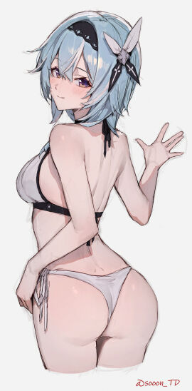 1girls absurd_res absurdres adult ass back bare_arms bare_ass bare_back bare_butt bare_legs bare_shoulders bare_skin bare_thighs belly bikini bikini_bottom bikini_only bikini_top black_hairband blue-haired_female blue_hair blush blush_lines blushing_female breasts dot_nose elbows eula_(genshin_impact) female female_focus female_only fingers genshin_impact hair_between_eyes hair_ornament hairband head_tilt high_resolution highres hourglass_figure legs light-skinned_female light_skin looking_at_viewer medium_breasts medium_hair naked naked_female nude nude_female purple-eyed_female purple_eyes shoulders sideboob simple_background slender_body slender_waist slim_female slim_waist smile smiling smiling_at_viewer solo sooon standing swimsuit swimwear thick_ass thighs thin_waist tilted_head upper_body white_background white_bikini white_bikini_bottom white_bikini_top white_swimsuit white_swimwear wide_hips