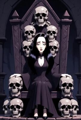 1girls ai ai_art ai_generated belly_button black_dress black_eyebrows black_hair black_nail_polish black_nails black_panties breasts collar dress female female_focus female_only grey_eyes grok grok_imagine long_hair morticia_addams navel netflix nipples panties quinzo11 self_upload shorter_than_10_seconds skull_head skulls sleeves sound tagme the_addams_family throne undressing video wednesday_(netflix) white_skin