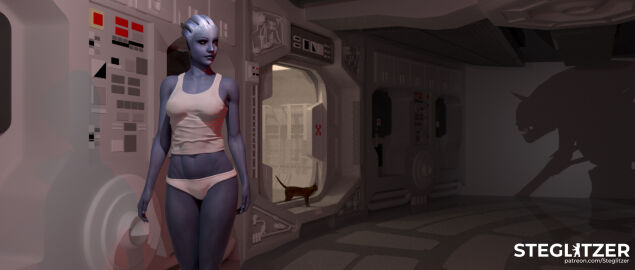 1girls 3d alien_(franchise) artist_name blue-skinned_female blue_skin crossover female liara_t'soni mass_effect panties shirt_and_panties steglitzer underwear white_panties xenomorph