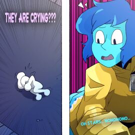 1boy 1girls 2d anon blue_hair blue_skin cartoon_network clothed_female color crying female gem_(species) gentle_giantess giantess lapis_lazuli_(steven_universe) larger_female lewdssonk male outdoors rain_coat revealing_clothes scared size_difference smaller_male steven_universe street suprised text thesigmaarts