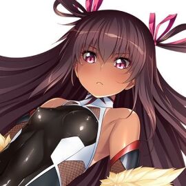 aoi_nagisa_(artist) bare_shoulders battle_suit battlesuit bodysuit breasts brown_hair color erect_nipples female female_focus female_only fishnets fur_trim gauntlets hair_between_eyes long_hair looking_down mizuki_yukikaze nipple_bulge nipples nipples_visible_through_clothing official_art pink_eyes shiny_bodysuit sleeveless sleeveless_bodysuit small_breasts small_image solo taimanin_(series) taimanin_asagi_battle_arena tan_skin tanned tanned_female tanned_skin tight_bodysuit tight_clothing upper_body viewed_from_below white_background