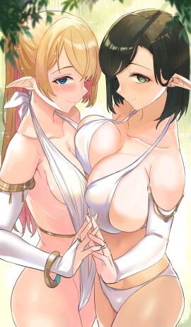 absurdres armlet ashita_(2010) black_hair blonde_hair blue_eyes breasts commission elf female forest green_eyes highres irene_(ricky_barnes) large_breasts mature_female maya_(ricky_barnes) nature original pointy_ears revealing_clothes skeb_commission small_breasts yuri