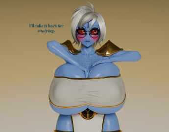 3d 3d_(artwork) 4k alien_girl blender blender_(software) blue_body blue_skin blush breasts_bigger_than_head chaoslord cleavage covering_mouth freckles freckles_on_breasts freckles_on_face glasses huge_ass huge_breasts massive_breasts o'pai oc round_glasses sequence sole_female t'au tagme tau text thick thick_thighs voluptuous_female white_hair wide_hips wrapped_breasts