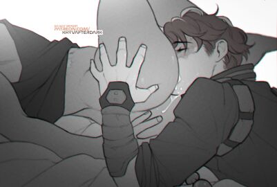 2boys after_anal ass ass-to-mouth bakugou_katsuki boku_no_hero_academia bottomless burn_scar commentary cum cum_on_ass cum_on_body cumdrip english_commentary felching gay gay_male greyscale hand_on_another's_ass head_out_of_frame highres khyvafterdark male_focus monochrome multicolored_hair multiple_boys patreon_username red_hair scar scar_on_face short_hair simple_background split-color_hair spot_color superhero_costume todoroki_shoto two-tone_hair white_background yaoi