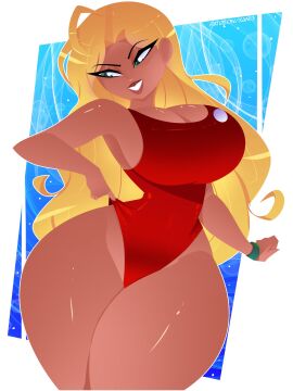 1girls armwear big_breasts blonde_hair bracelet breasts cleavage female female_only green_eyes hair hips huge_breasts lifeguard lifeguard_(lilo_and_stitch) lifeguard_swimsuit lilo_and_stitch lips lola_the_lifeguard long_hair red_swimsuit solo solo_female swimsuit swimwear thick_thighs thighs wide_hips xan-gelx_(xan)