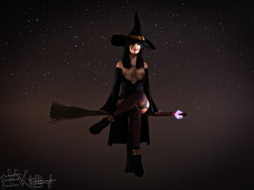 1girls 2022 3d black_dress black_hair breasts breasts_out clothed clothing dress enetwhili2 female female_only front_view looking_at_viewer mature mature_female milf riding_broom seated sitting solo solo_female witch witch_hat