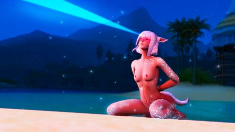 2voxels 3_eyes 3d beach blush blushing_female breasts brown_body brown_skin cat_ears cat_girl cat_tail catgirl endwalker female final_fantasy final_fantasy_xiv final_fantasy_xiv:_endwalker glowing glowing_body glowing_eyes glowing_tattoo hands_behind_back lana_miqo laser looking_up magic miqo'te multi_eye oc original_character original_characters purple_eyes shy shy_expression sitting sitting_down sitting_on_floor small_breasts solo solo_female tan-skinned_female tan_body tan_skin tanline tanned thighs warrior_of_light_(ff14)
